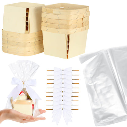 Yerliker 10 Set Wooden Mini Baskets for Gifts Bulk Empty Small Baskets Berry Basket Bows Clear Treat Bags for DIY Picking Wedding Birthday Baby Shower(4 Inches,Velvet,White)
