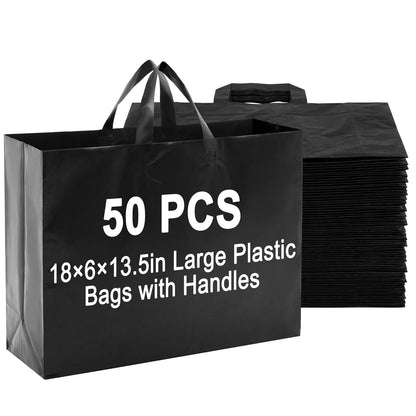 Klyyo Clyro 50 Pack 18 × 6 × 13.5 Inch Frosted Plastic Gift Bags with Handle Large Reusable Frosted Plastic Shopping Bags for Small Business, Boutiques, Retail, Wedding Party Favors (Black)