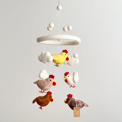Handmade Felt Chicken Nursery Mobile, Chicken Crib Mobile for Boys & Girls, Boho Decor, Natural Wool Chicken Hanging Mobile, Unique Baby Shower Gift, Fair Trade Nepal
