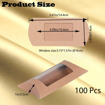 100 Pcs Pillow Gift Boxes with Windows,Kraft Paper Mini Pillow Packaging Box, Creative Favor Box Folding Treat Boxes with Clear Window for Bakery Candy Chocolate Jewelry Display Wedding Party Favor (kraft 100Pcs)