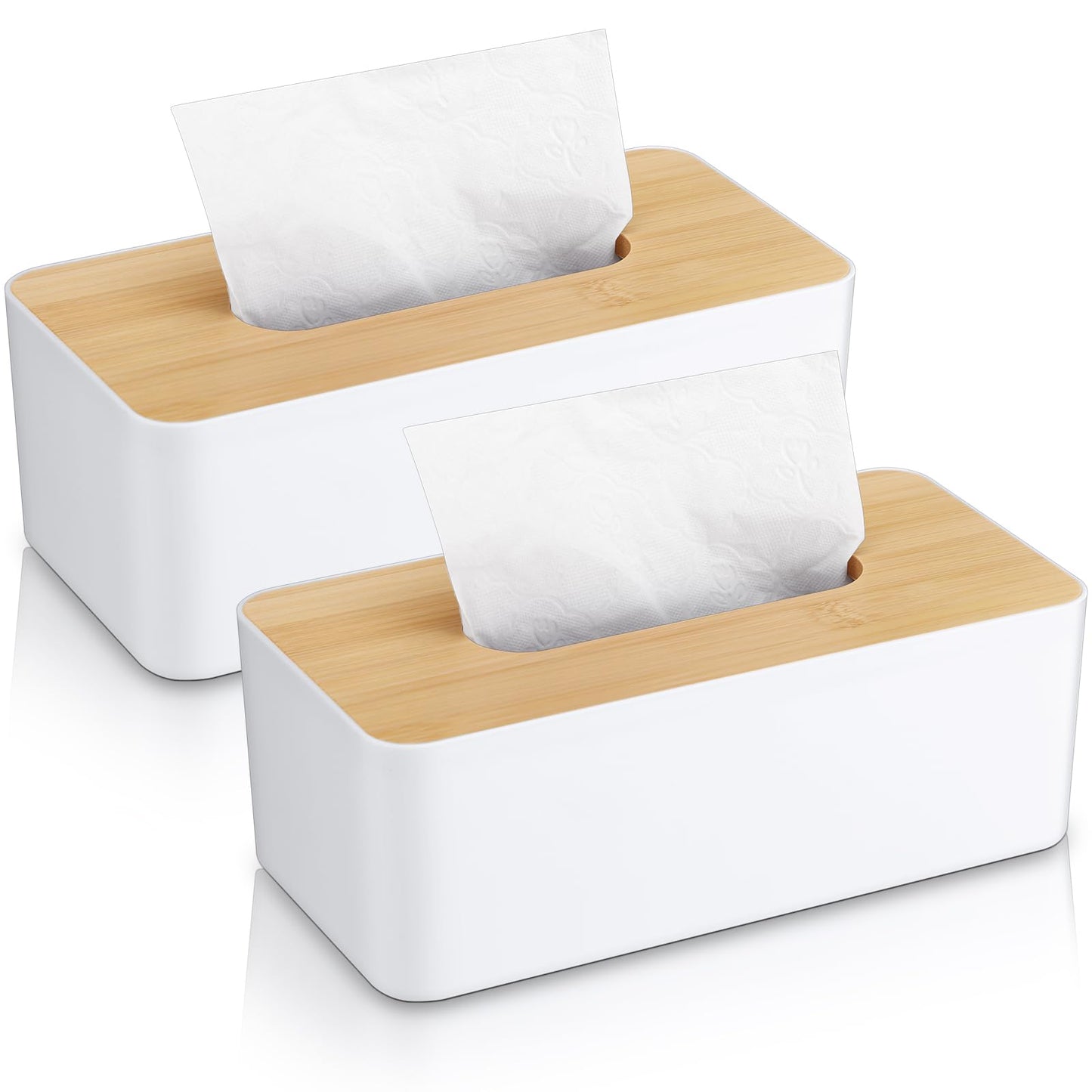Teenyyou 2 Pcs Tissue Box Cover Square Plastic Tissue Holders 5x9 Inch Holder Wood Cover Plate for Bathrooms, Kitchen, Office, Home, Bedroom Dresser, Countertop(White)