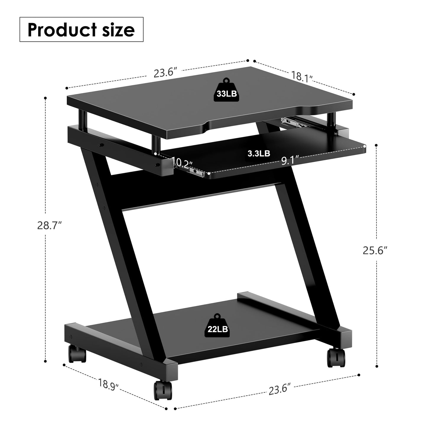sogesfurniture Mobile Computer Desk, Small Rolling Work Workstation for Home and Office with Printer Shelf, Keyboard Drawers,23.6 x 18.9 x 28.7 Inches,BHUS-DX-8110-BB(Black)