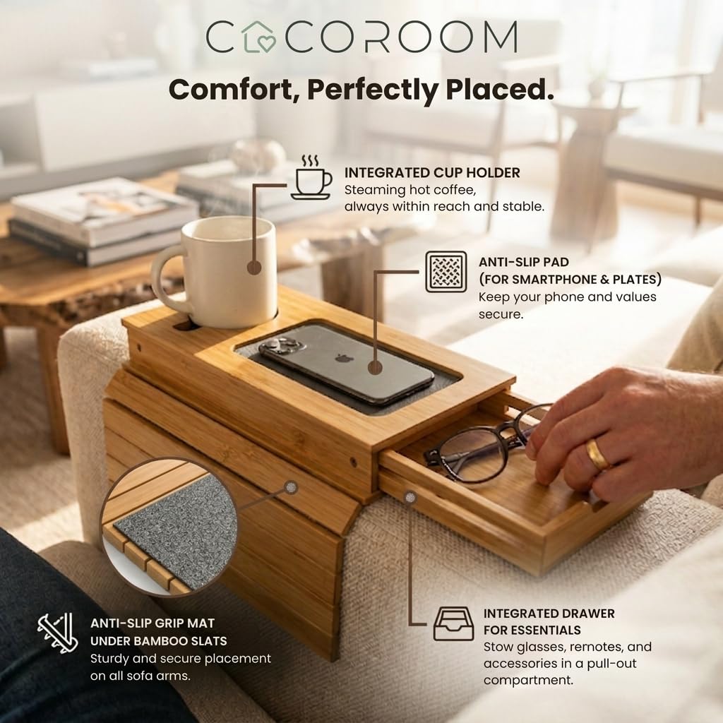 COCOROOM Sofa Armrest Tray with Drawer & Cup Holder — Wooden Couch Arm Tray with Anti-Slip Surface | Fits Most Sofa & Couch Arms (Natural)