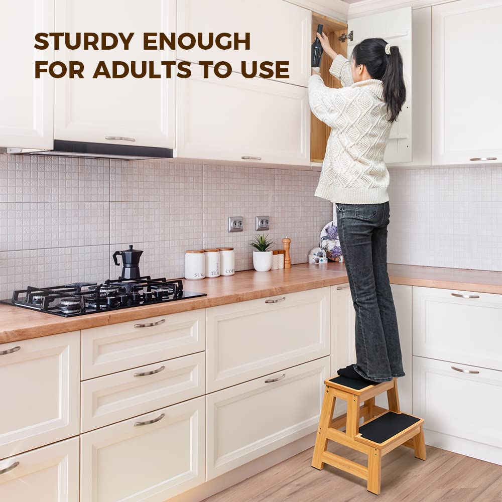 StrongTek Wood Step Stool, 17" Tall Two-Step Design for Adults & Kids, Heavy-Duty 500 lbs Capacity with Non-Slip Steps, Ideal for Kitchen, Bedside & Bathroom Use