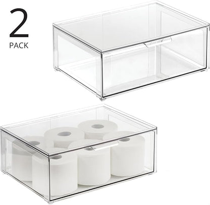 mDesign Plastic Stackable Bathroom Storage Organizer Bin Containers with Front Pull Drawer for Bathroom Countertop, Vanity, Closet Shelves - Holder for Accessories - Lumiere Collection, 2 Pack, Clear