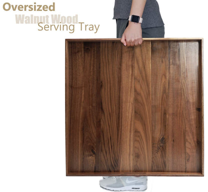 MAGIGO 24 x 24 Inches Extra Large Square Black Walnut Wood Ottoman Tray with Handles, Serve Tea, Coffee or Breakfast in Bed, Classic Wooden Decorative Serving Tray