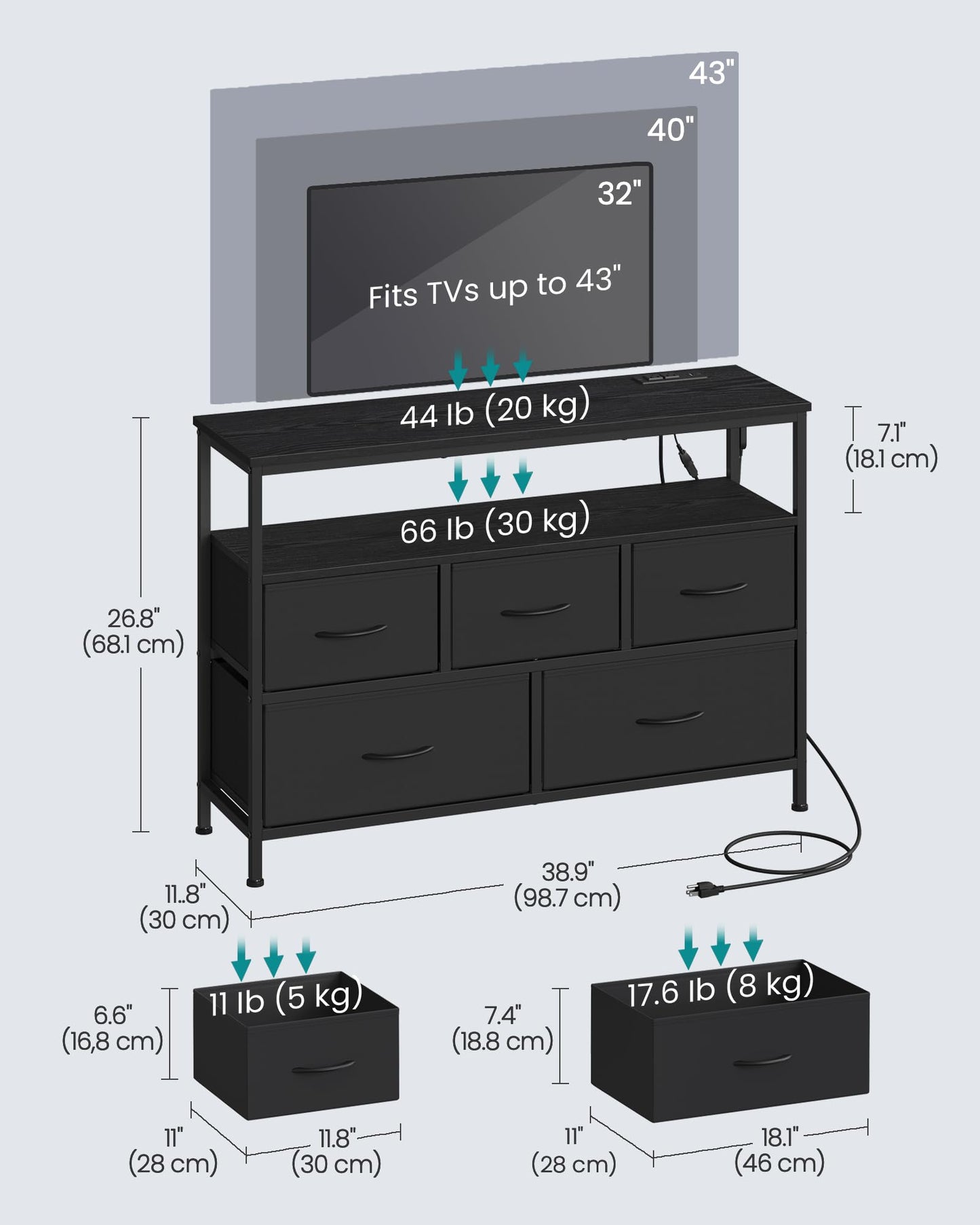 SONGMICS BELLAH Collection - Dresser for Bedroom with App-Controlled LED Lights and Charging Station, Chest of Drawers, TV Stand, 5 Drawers, Shelf, Modern, Ink Black ULGS723BH02S