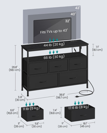 SONGMICS BELLAH Collection - Dresser for Bedroom with App-Controlled LED Lights and Charging Station, Chest of Drawers, TV Stand, 5 Drawers, Shelf, Modern, Ink Black ULGS723BH02S