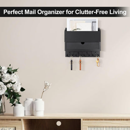 Lucundm Mail and Key Holder Wall Mount with Storage Drawer – Modern Wooden Mail Organizer for Wall Entryway, 7 Key Hooks & Chalkboard Panel – Stylish Home Decor for Apartments, Living Room, Office