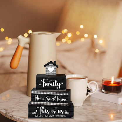 4 Pcs Sweet Home Table Decoration,Our Life Story Home Wooden Block Signs,Farmhouse Table Centerpiece for Living Room Entryway Table Mantel Kitchen Counter Decor
