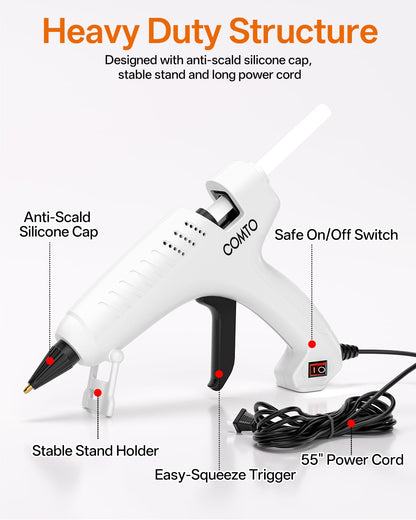 COMTO Full Size Hot Glue Gun with 10 Sticks, Heavy Duty Glue Gun with 80W Super Power, Anti-scald Nozzle and Easy Squeeze Trigger, Perfect for Crafting, DIY and Repairs - White