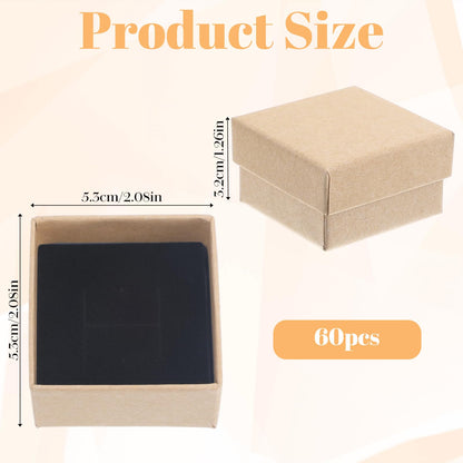 Kegeeei 60 Pack Cardboard Ring Boxes, 2 x 2 x 1.26 Inch Square Jewelry Gift Boxes With Foam, Bulk Mini Earring Packaging For Weddings, Birthdays, and Retail Display, Brown