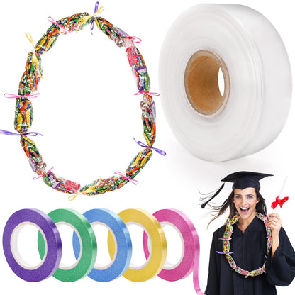 Lawei 2 Inch x 984 Ft Candy Lei Poly Tubing, Plastic Graduation Lei Bags with Ribbons, 4 Mil Clear Poly Bag Tubing Making Kit for Packing Snacks and Small Play, DIY Graduation Wreaths, Party Supplies