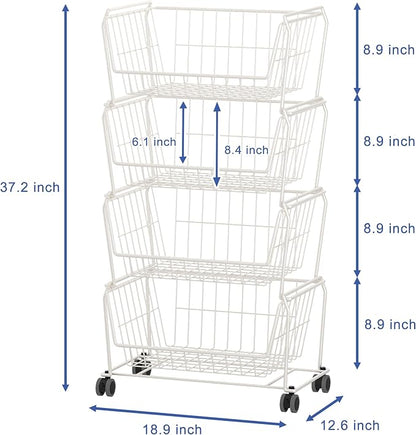 PUSDON 4-Tier Large Stackable Wire Storage Baskets with Wheels, Metal Rolling Utility Cart Organizer, Produce Basket for Kitchen Pantry, Floor Shelf, Classic White