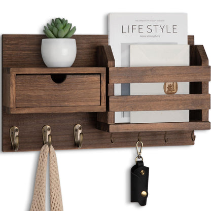 Lwenki Wall Mount Key Holder with Mail Organizer, 100% Paulownia Wood, 7 Metal Hooks, Storage Drawer, Entryway Home Decor (Brown)