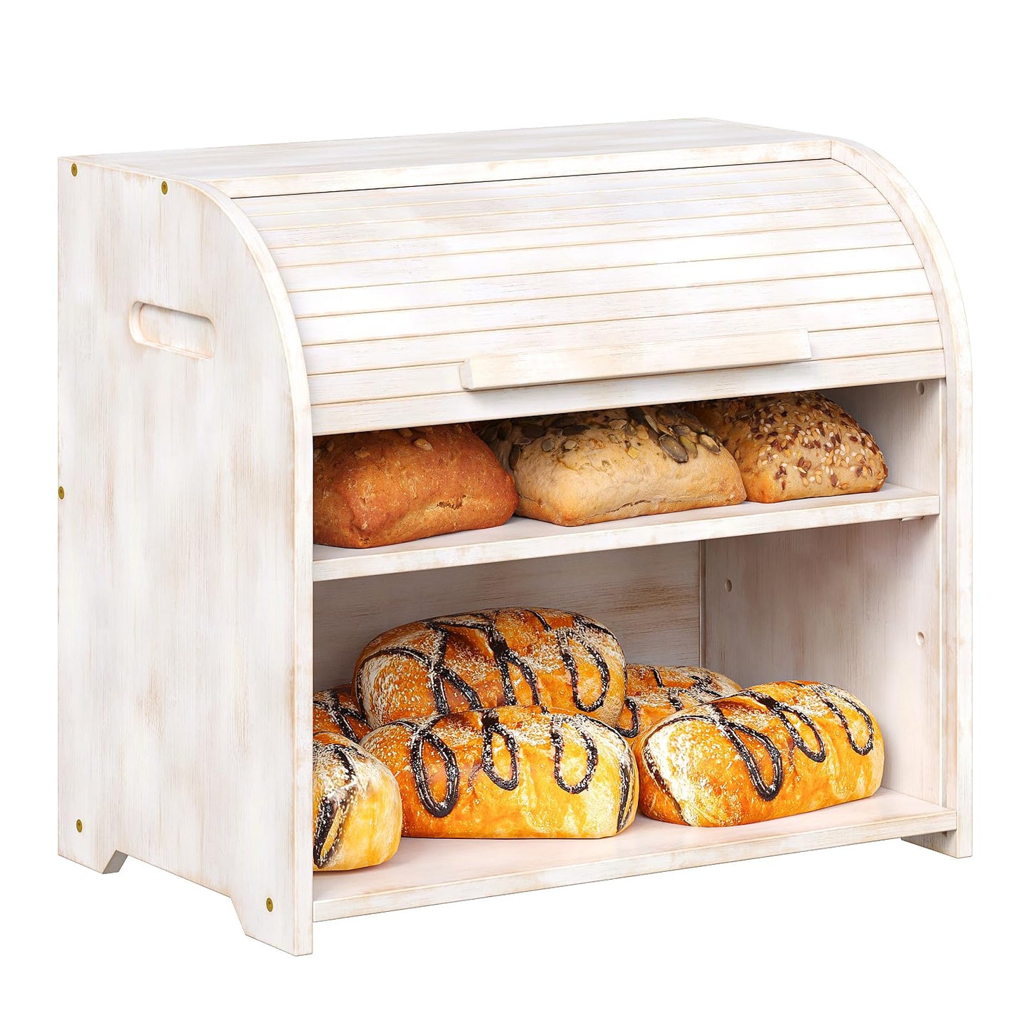 Trironsun Bamboo Roll Top Bread Box for Kitchen Countertop Large Capacity Bread Storage Bin 2 Layer Wooden Bread Storage Organizer Natural Breadbox for Food Storage (Antique White)