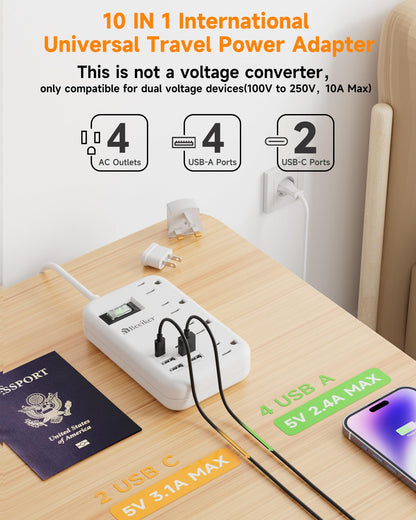 6 USB(2 USB C) Purple Travel Power Strip- 5Ft Lavender Extension Cord with 24W USB Charging Station and 4 Outlets, Purple Desk Accessories with Surge Protector for Cute Kawaii Office Dorm Room