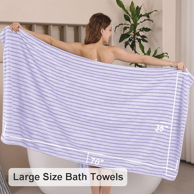 4 Pcs Light Purple Cabana Stripe Large Bath Towels 35"x70" Oversized Bath Sheet