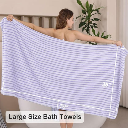 4 Pcs Light Purple Cabana Stripe Large Bath Towels 35"x70" Oversized Bath Sheet