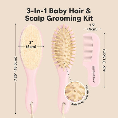 Baby Hair Brush Set for Newborns - Soft Goat Bristle Wooden Baby Brush and Comb Set Newborn Grooming Kit for Cradle Cap, Durable & Gentle, Boy, Girl Infant Essentials Care Kit (Regular, Blush)