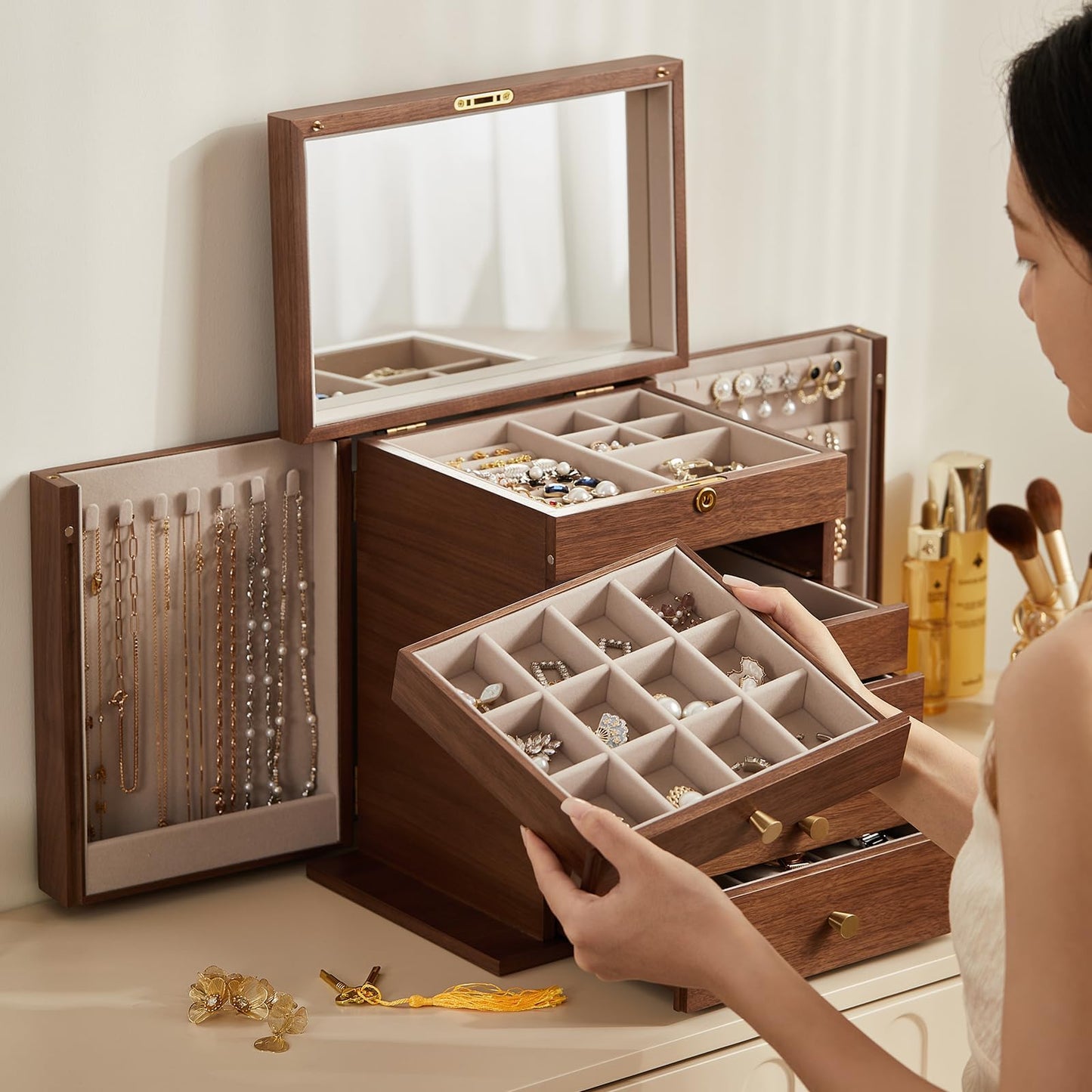 Homruilink Black Walnut Wooden Jewelry Box and High End Glass Jewelry Box Christmas Gifts For Women
