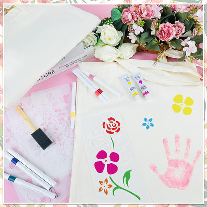 Cinrobiye 6 Pack DIY Canvas Tote Bag Craft Kit with Painting Supplies, Blank Cotton Reusable Bags for Floral Painting, Handmade Gifts, Mother’s Day, Teacher Appreciation, Party Craft Activities