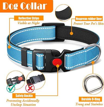 LOBEVE No Pull Dog Harness, Collar & Leash Set with Retractable Dog Seat Belt, Collapsible Dog Bowls and Poop Bag Dispenser - Ideal for Training, Walking, Hiking - Fits Small to Large Dogs(Blue-M)