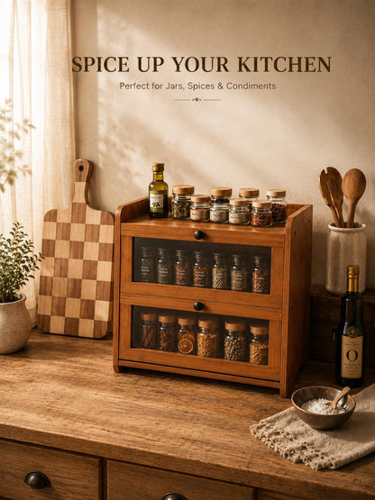 Plusinthebox Brown Bread Box for Kitchen Countertop, 2 Tier Large Capacity Wooden Bread Storage Container, Farmhouse Bread Keeper for Bread, Bagels, Pantry Organizer