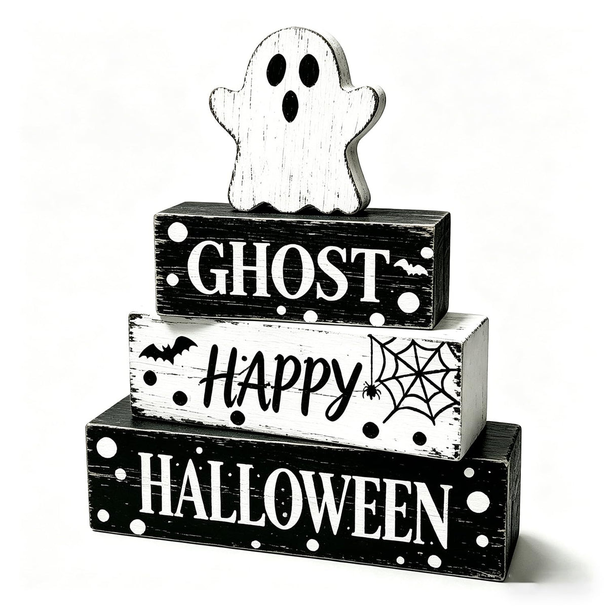 4 Pcs Ghost Halloween Decor Rustic Black and White Polka Dot Wooden Tiered Tray Block Signs Farmhouse Spooky Halloween Table Centerpiece Decor for Home Kitchen Shelf Coffee Bar