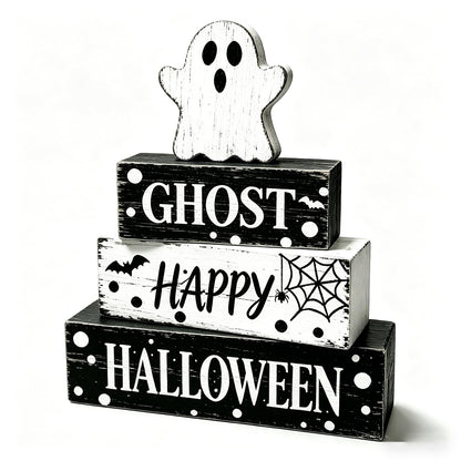 4 Pcs Ghost Halloween Decor Rustic Black and White Polka Dot Wooden Tiered Tray Block Signs Farmhouse Spooky Halloween Table Centerpiece Decor for Home Kitchen Shelf Coffee Bar