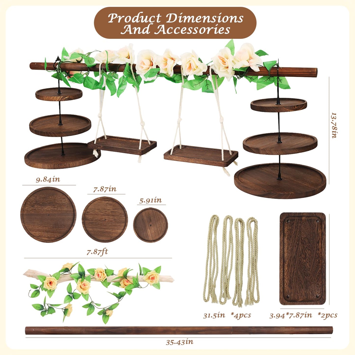 Wooden 3 Tier Cupcake Stand with Swing and Rose Vines Decor, Dessert Table Display Set Removable Serving Tray Cupcake Tower Centerpiece for Tea Party Birthday Baby Shower Wedding