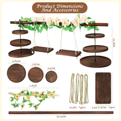 Wooden 3 Tier Cupcake Stand with Swing and Rose Vines Decor, Dessert Table Display Set Removable Serving Tray Cupcake Tower Centerpiece for Tea Party Birthday Baby Shower Wedding