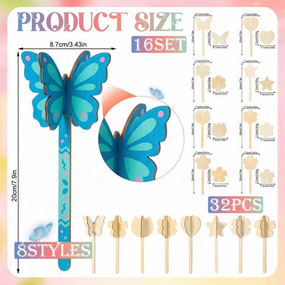 DoubleFill 16 Set DIY Wood Flowers Plant Stakes 3D Paintable Wooden Butterfly Cutouts Spring Flower Pot Unfinished Wood Ornament Fairy Wands Crafts for Painting Gift