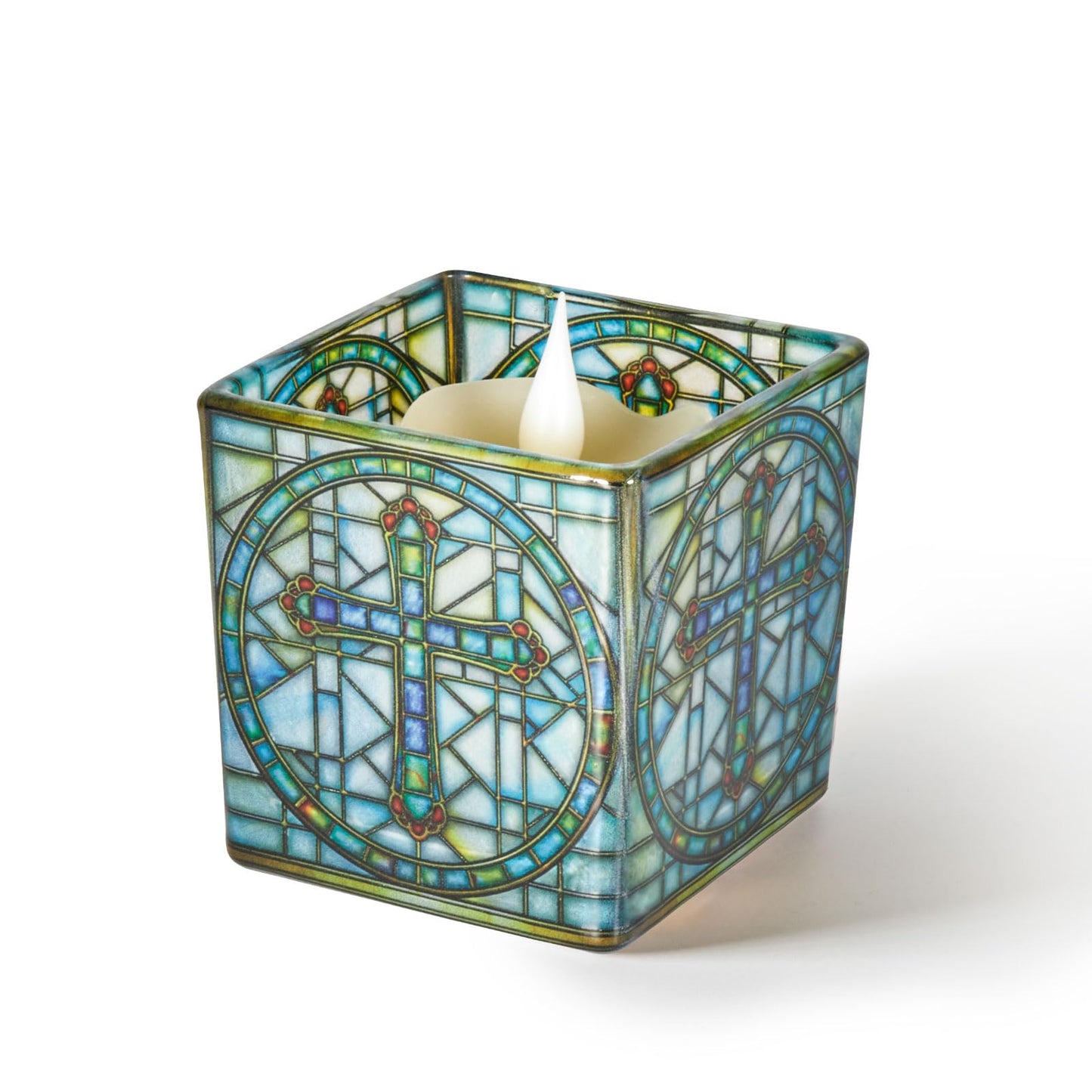 Square Glass Vanity Organizer Religious Cross Altar Ofrenda Qtip Holder Makeup Brush Holder Pen Cup Tealight Candle Holder Table Decor Bronze