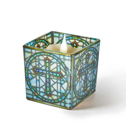 Square Glass Vanity Organizer Religious Cross Altar Ofrenda Qtip Holder Makeup Brush Holder Pen Cup Tealight Candle Holder Table Decor Bronze