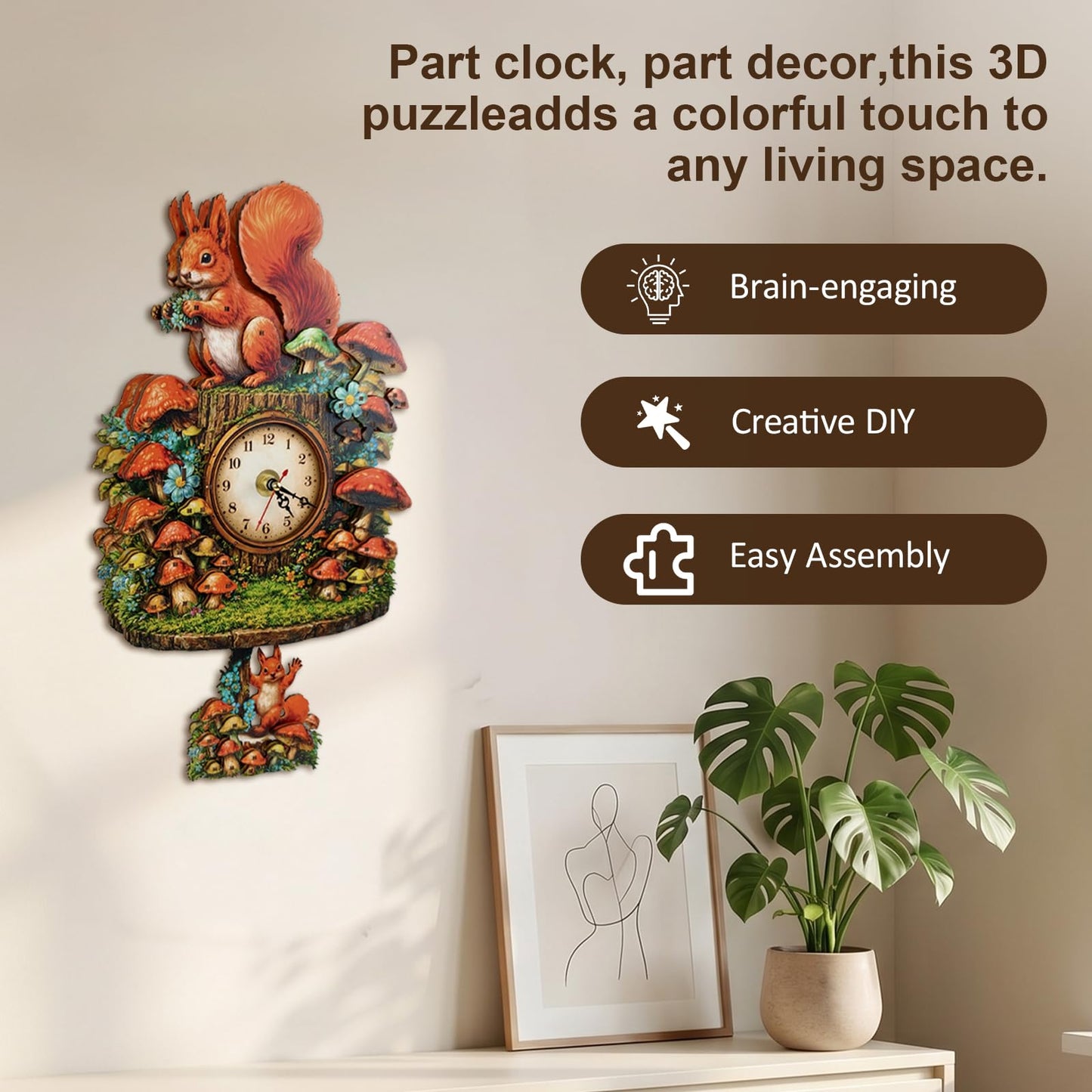 NIUNIUAMY 3D Wooden Puzzle Squirrel Clock Mechanical DIY Model Kit with Pendulum Forest Animal Gear Desk Clock Mushroom Decor Challenging Craft Gift for Adults Men Women