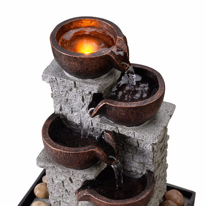 Kalona 4-Tier Indoor Waterfall Tabletop Fountain with LED Lights and Natural Rocks, Cascading Bowl Desk Fountain for Home and Office Decoration, Relaxing Water Feature (21132B)