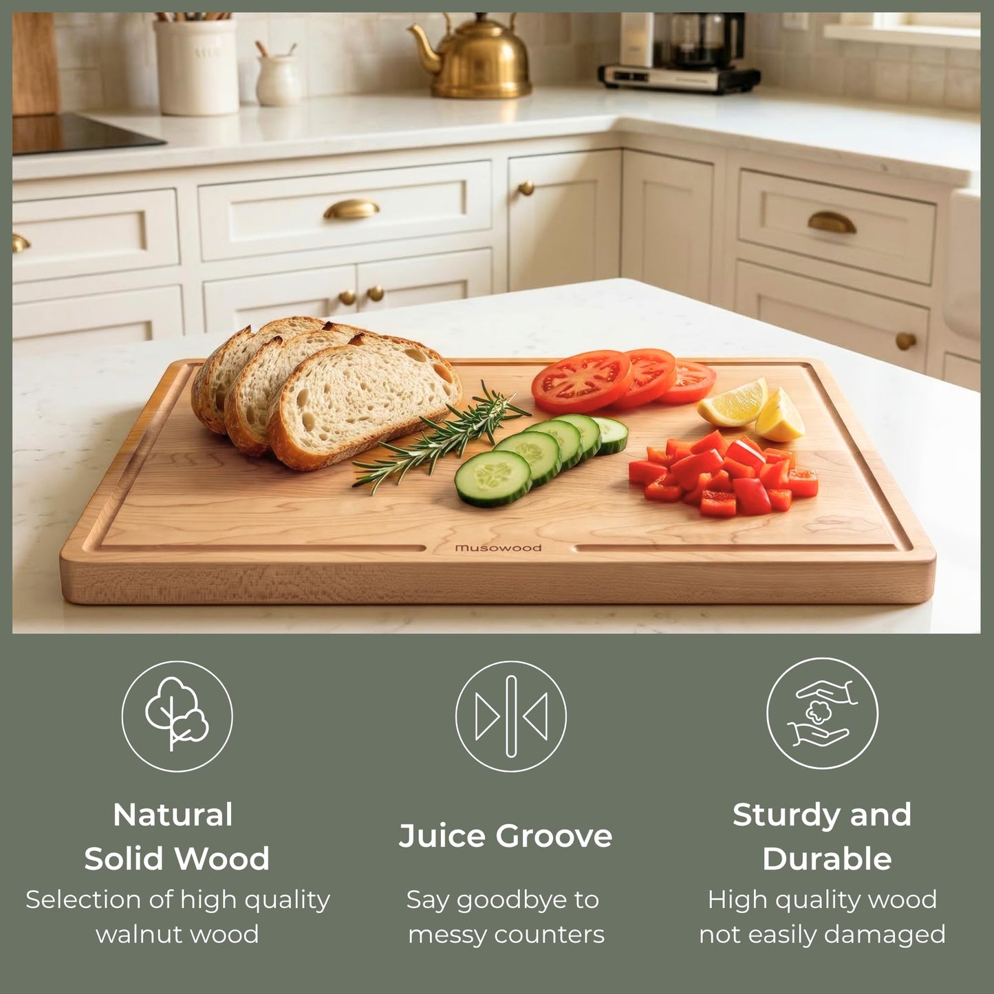 muso wood Maple Wood Cutting Board 18"x12" - 1" Thick, Wooden Kitchen Chopping Board with U-Shaped Juice Groove & Handle, Heavy Duty Cutting Board for Vegetables, Meat, Fruits