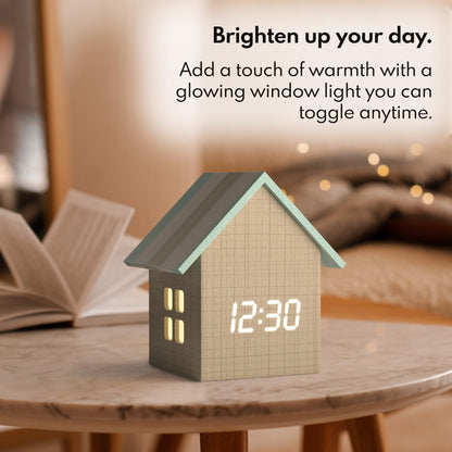 Driini Digital House Shaped Alarm Clock with Temperature Display (Stripe Wood) – Modern Aesthetic - Cute Cube Frame and White LED Dimmer - Perfect Small Desk Clock for Bedside Table or Bedroom Mantle