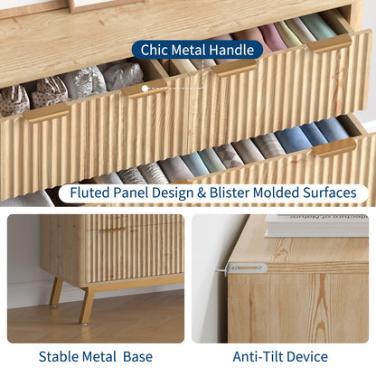 IDEALHOUSE Dresser 1-Piece 7-Drawer Fluted Wooden Chest with Gold-Tone Metal Handles, Iron Frame Base, Wide Storage Organizer and TV Stand for Bedroom Living Room Entryway, Light Oak