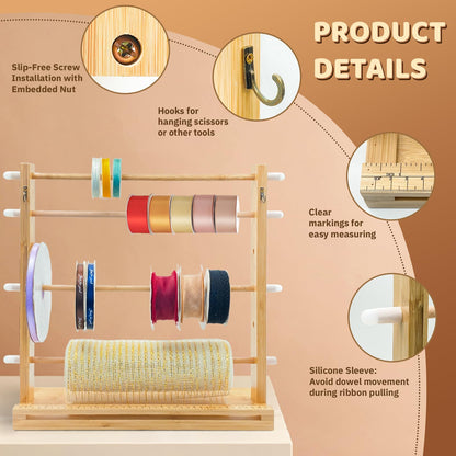 Wooden Ribbon Display Holder-Adjustable Spacing, Washi Tapes, and Sewing Threads | Craft Room Supply Storage Organization, Hair Ribbon & Gift Wrapping Supply Rack