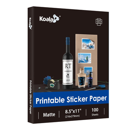 Koala 100 Sheets Sticker Paper for Regular Labels, Matte White, 8.5x11 Inch Printable Full Sheet Label Paper for Inkjet & Laser Printers