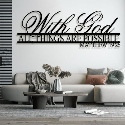 With God All Things Are Possible Metal Wall Art, Matthew 19:26, Bible Verse, Christian & Religious Wall Decor, Wedding & Housewarming Gift, Motivational Art (Black, 59"W x 21"H / 150 x 53 cm)
