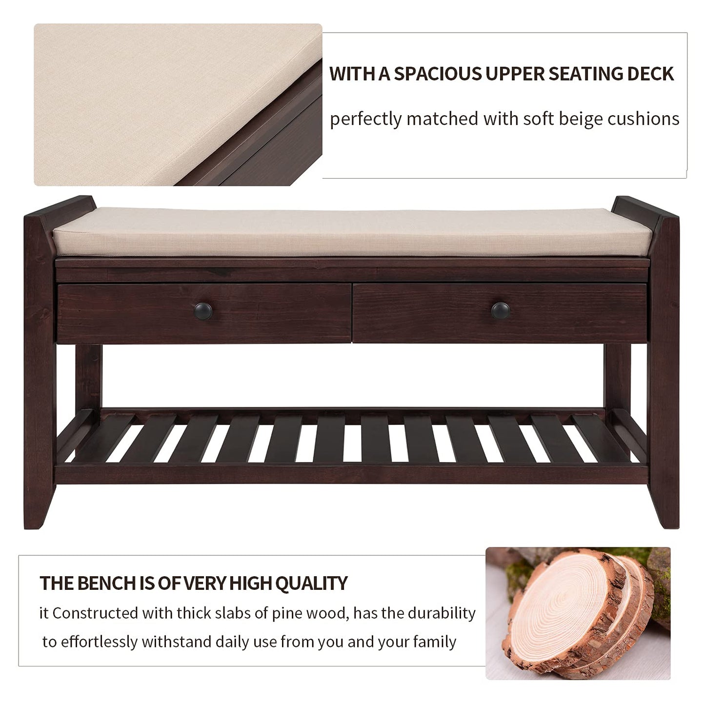 Tzou Storage Bench,39''Storage Living Room Foot Rest with Cushion Seating and Storage Drawers,Multipurpose Wooden Shoe Bench with Bottom Shelf for ntryway Hallway Living Room Bedroom Espresso