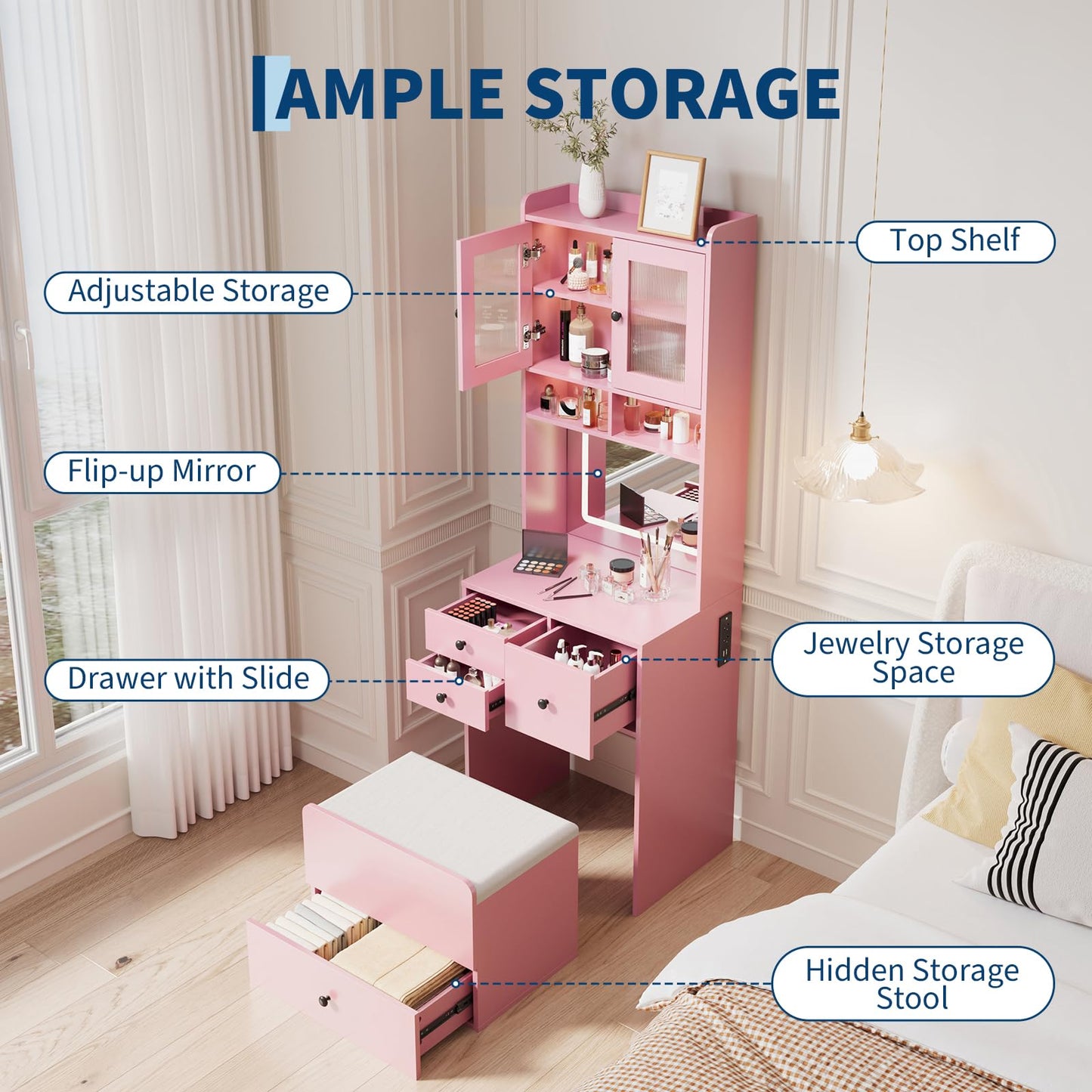 3 in 1 Vanity Desk with LED Light, Tall Makeup Vanity Set with 2 AC Outlets & USB-C, Dressing Table with Storage Drawers & Acrylic Doors, Nightstand Vanity Mirror, Jewelry Box, Cushioned Chair