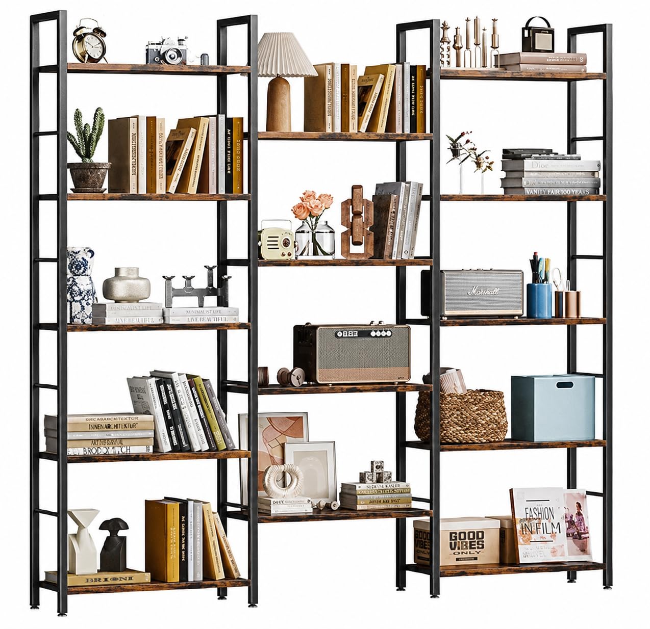 Shintenchi Triple 5 Tier Bookshelf, Industrial Large Bookcase with 14 Open Display Shelves, Large Etagere Bookshelf,Wide Book Shelf Book Case for Home & Office, Brown