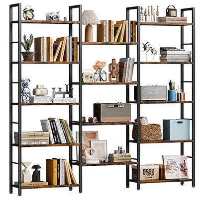 Shintenchi Triple 5 Tier Bookshelf, Industrial Large Bookcase with 14 Open Display Shelves, Large Etagere Bookshelf,Wide Book Shelf Book Case for Home & Office, Brown