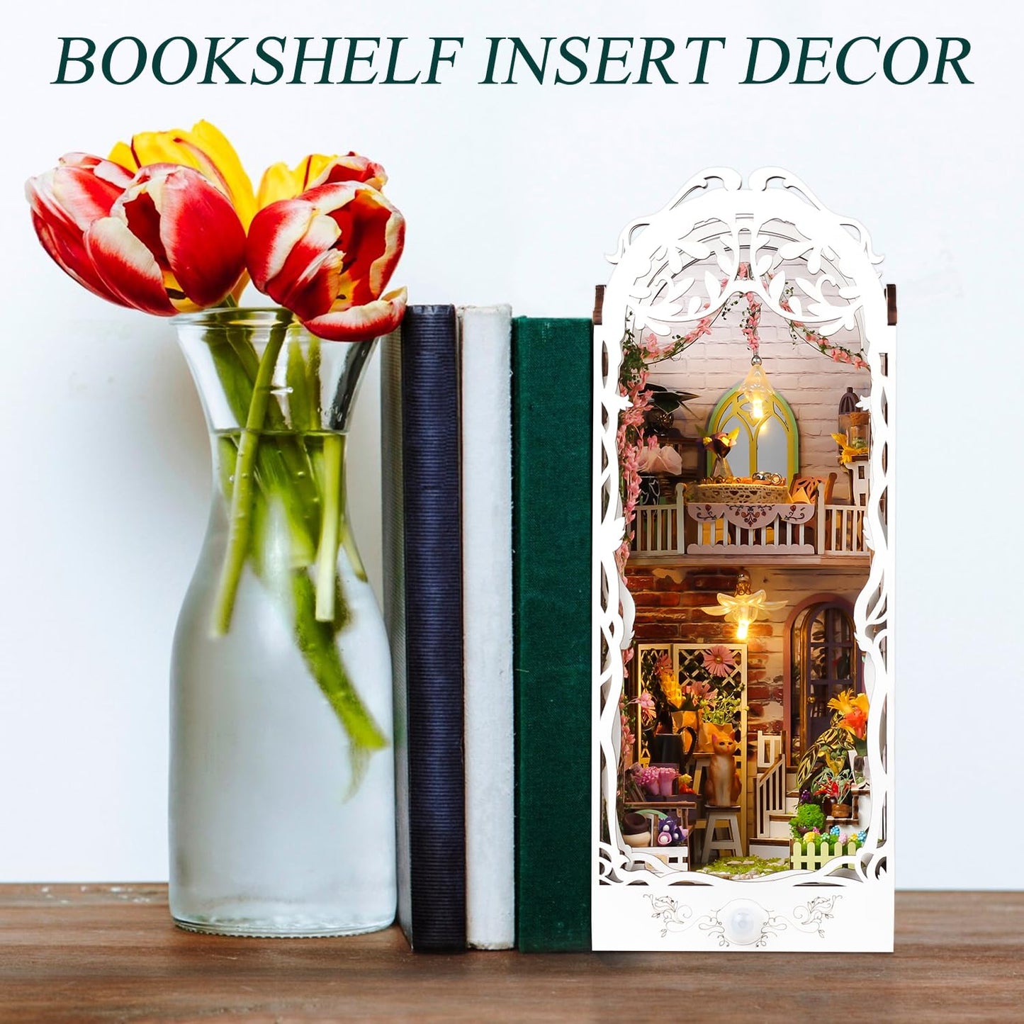 TuKIIE DIY Book Nook Miniature Kit, Booknook Dollhouse Bookshelf Insert with Sensor Light & Dust Proof, Wooden Decorative Bookend Stand Model Kits for Kids Teens Adults(Flower House)