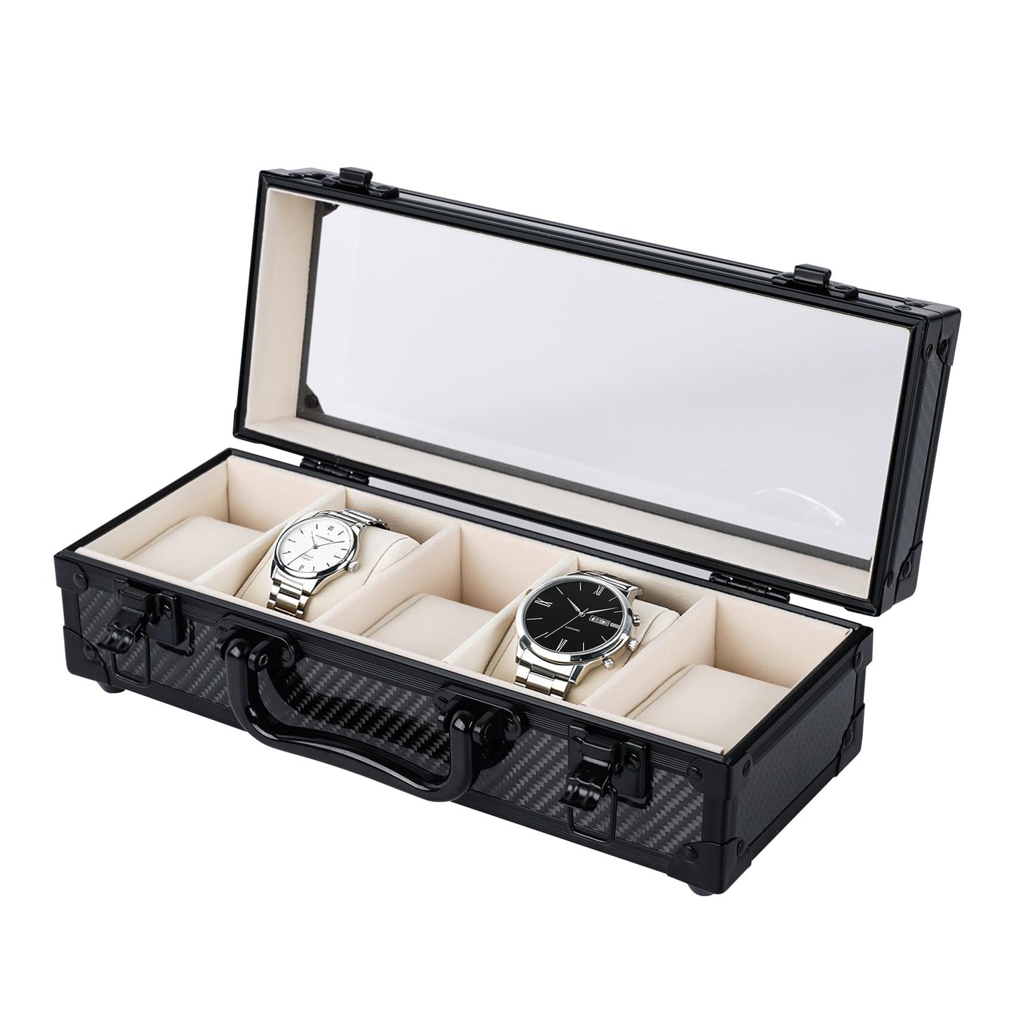 DOBEN Watch Box for Men, Carbon Fiber Hard Watch Case with Plush Interior, 5-Slot Storage Watch Organizer, Luxury Gift Box for Collectors