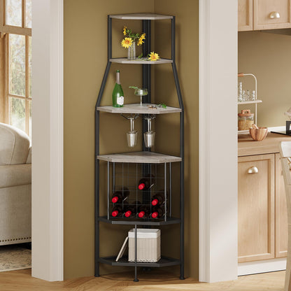 Espelism 5-Tier Corner Wine Rack Floorstanding with Glass Holder and Bottles Wine Storage Home Bar Furniture for Home Kitchen Dining Room Industrial Metal and Wooden Corner Shelf